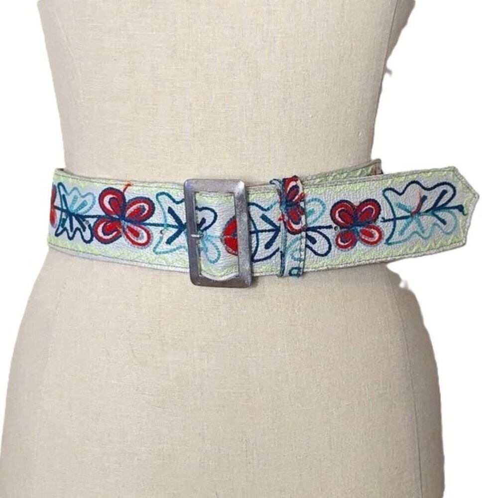 Embroidered Belt MCM Leather Folk Art Floral Boho Mid Century Festival Vintage
